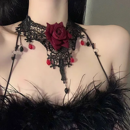 Sexy Black Lace Choker Necklace - Gothic Red Rose Flower Jewelry for Women