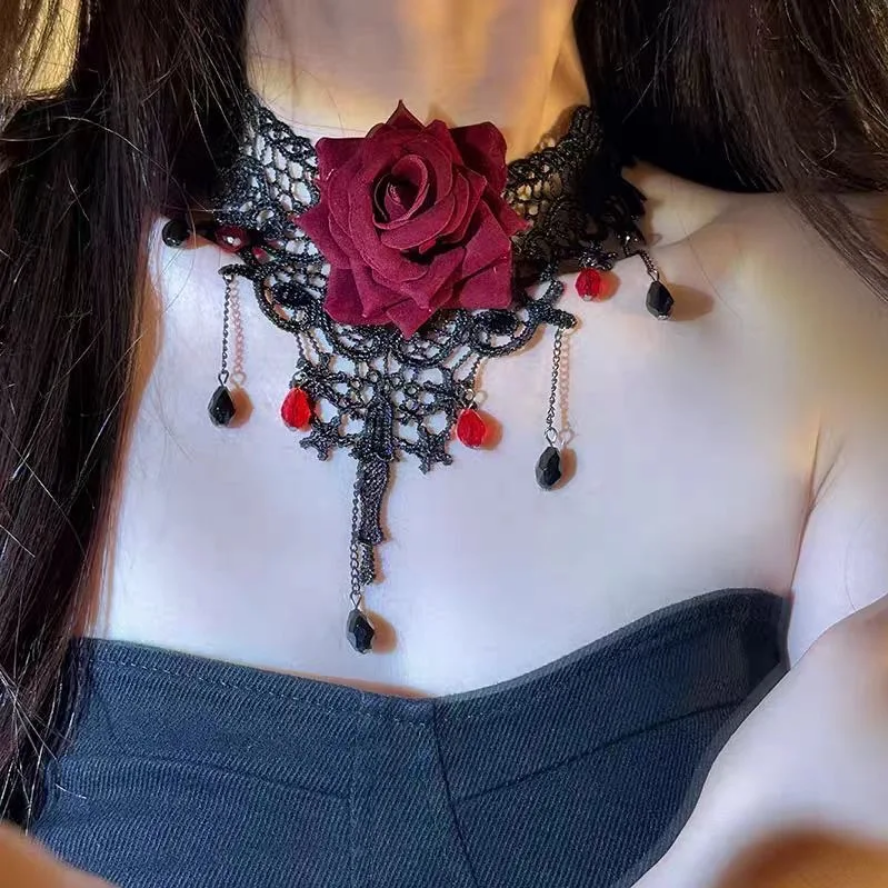 Sexy Black Lace Choker Necklace - Gothic Red Rose Flower Jewelry for Women