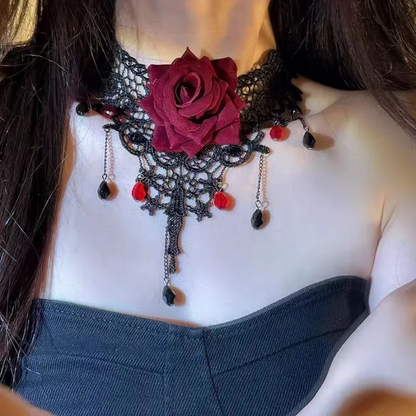 Sexy Black Lace Choker Necklace - Gothic Red Rose Flower Jewelry for Women