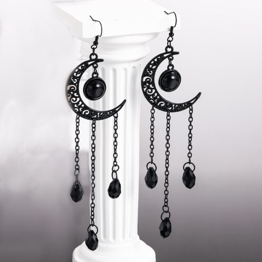 Vintage Gothic Vampire Witch Black Moon Earrings Mystical Statement Jewelry