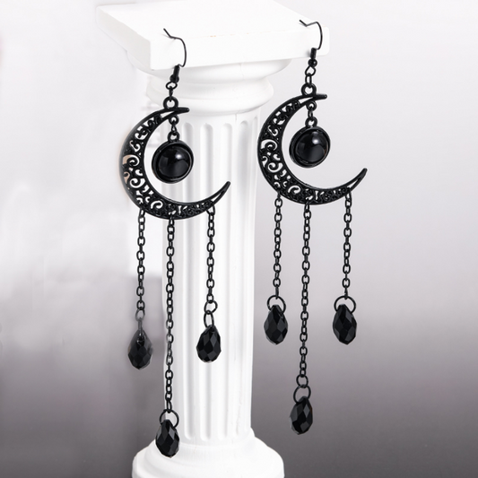 Vintage Gothic Vampire Witch Black Moon Earrings Mystical Statement Jewelry