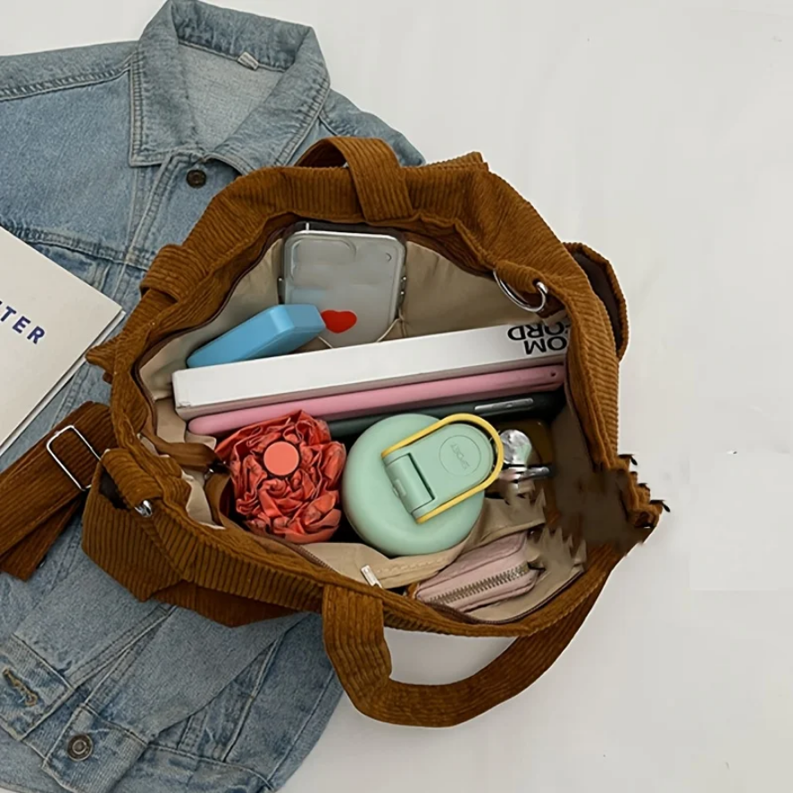 Large Capacity Corduroy Shoulder Bag Casual Multi-Pocket Bag for Women