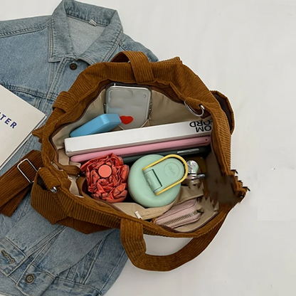 Large Capacity Corduroy Shoulder Bag Casual Multi-Pocket Bag for Women