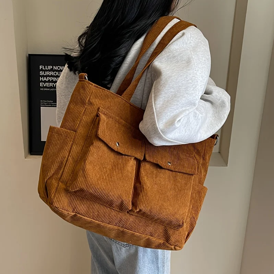 Large Capacity Corduroy Shoulder Bag Casual Multi-Pocket Bag for Women