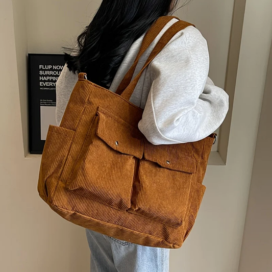 Large Capacity Corduroy Shoulder Bag Casual Multi-Pocket Bag for Women