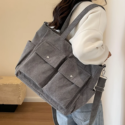 Large Capacity Corduroy Shoulder Bag Casual Multi-Pocket Bag for Women