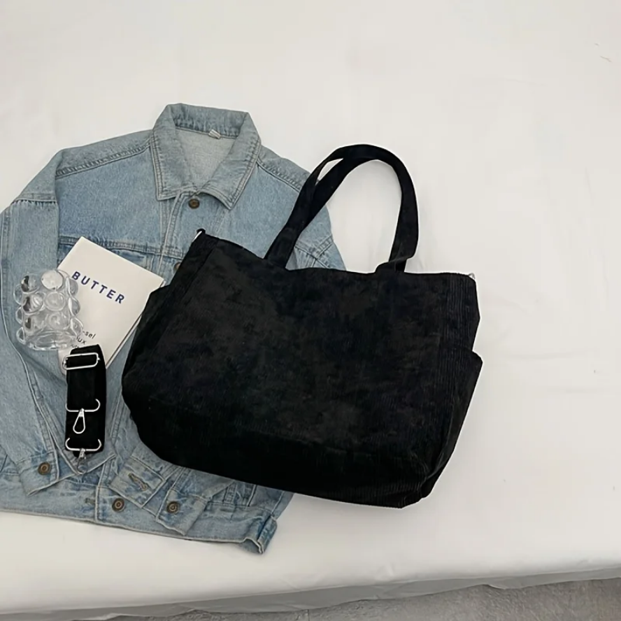 Large Capacity Corduroy Shoulder Bag Casual Multi-Pocket Bag for Women