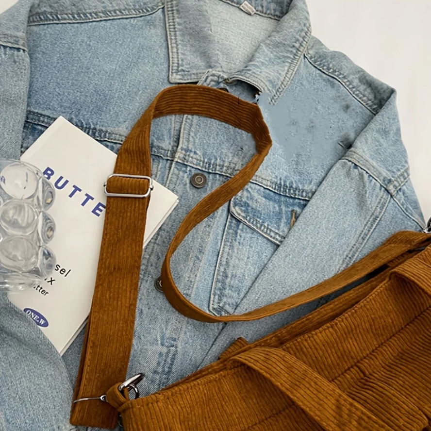 Large Capacity Corduroy Shoulder Bag Casual Multi-Pocket Bag for Women