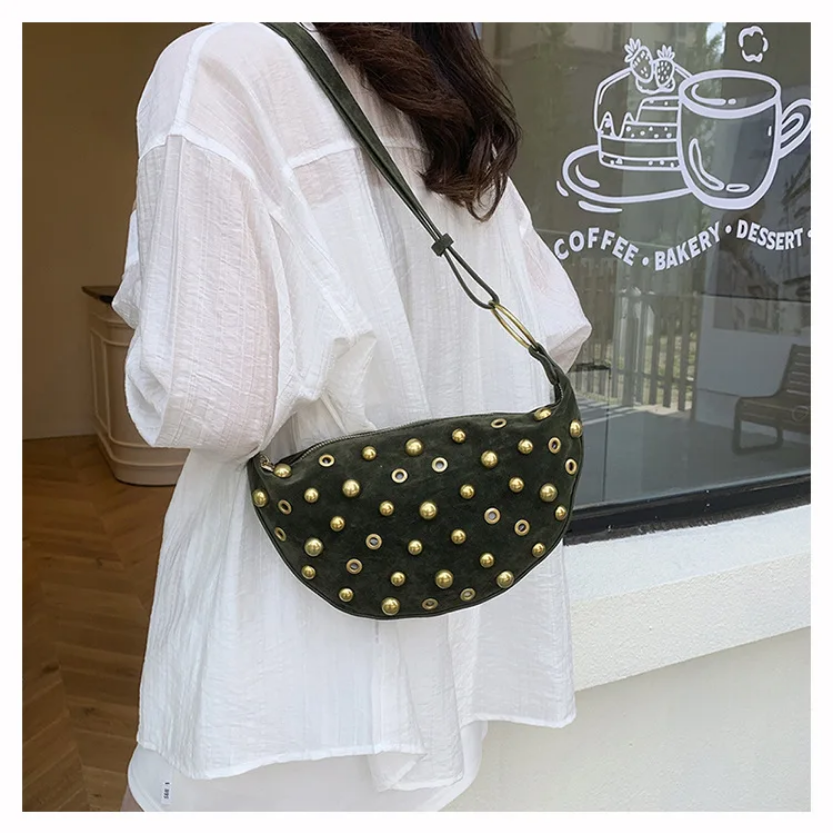 Studded Shoulder Bag - Rivet Crescent Bag with Edgy Hardware Details