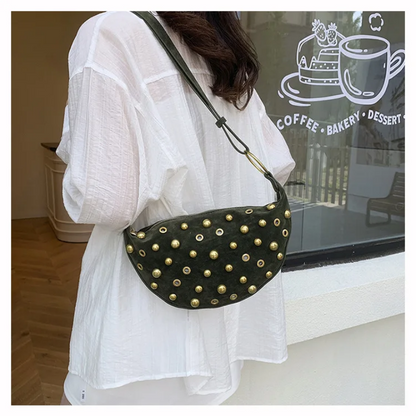 Studded Shoulder Bag - Rivet Crescent Bag with Edgy Hardware Details