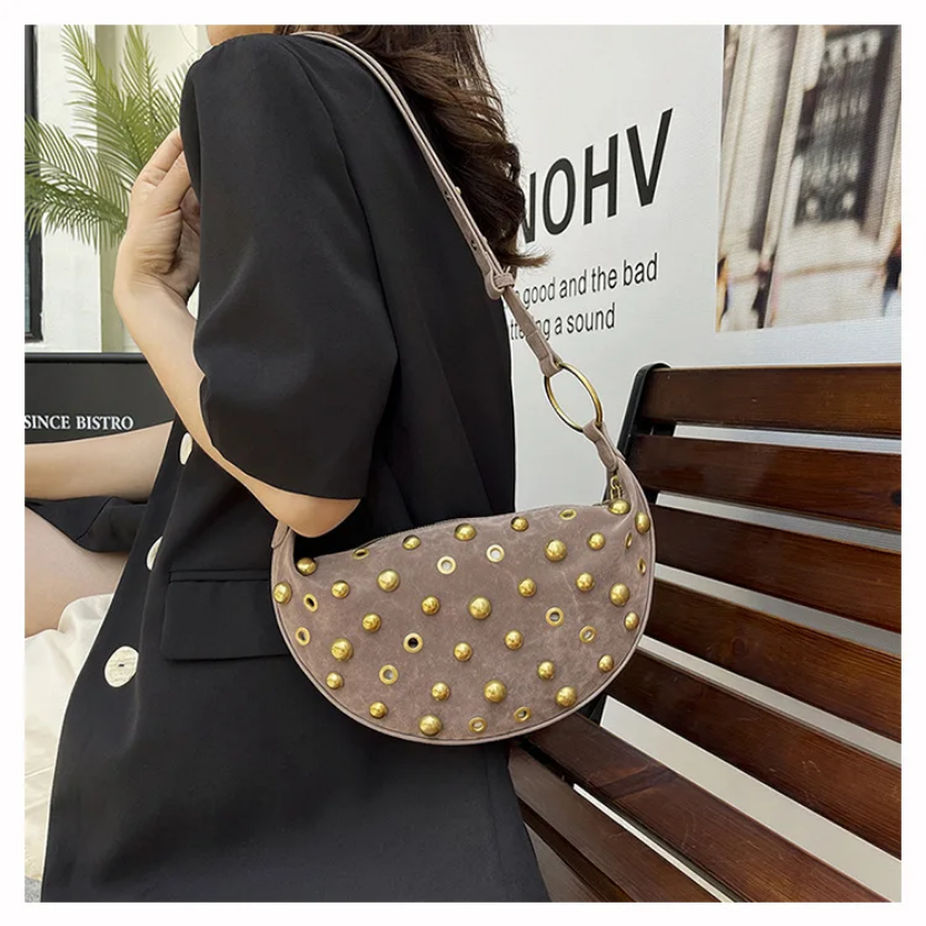 Studded Shoulder Bag - Rivet Crescent Bag with Edgy Hardware Details