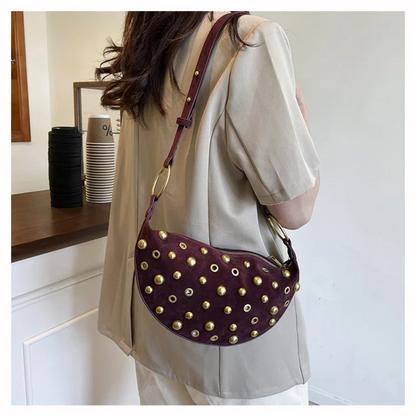 Studded Shoulder Bag - Rivet Crescent Bag with Edgy Hardware Details