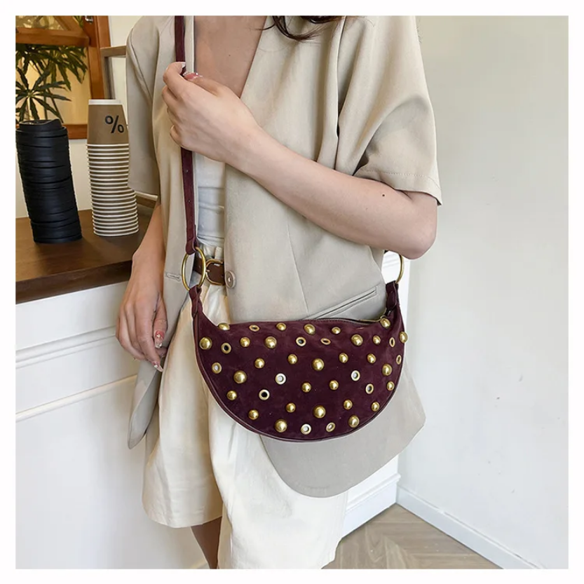 Studded Shoulder Bag - Rivet Crescent Bag with Edgy Hardware Details