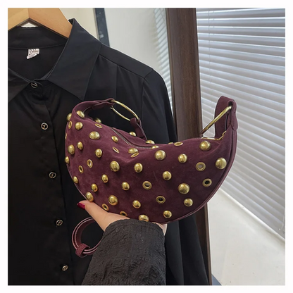 Studded Shoulder Bag - Rivet Crescent Bag with Edgy Hardware Details