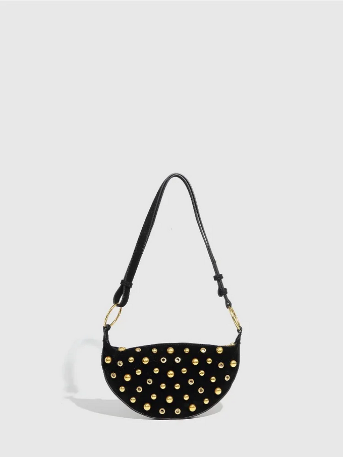 Studded Shoulder Bag - Rivet Crescent Bag with Edgy Hardware Details