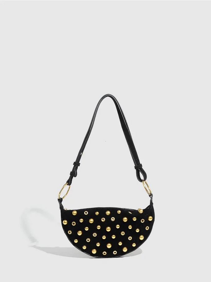 Studded Shoulder Bag - Rivet Crescent Bag with Edgy Hardware Details