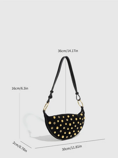 Studded Shoulder Bag - Rivet Crescent Bag with Edgy Hardware Details
