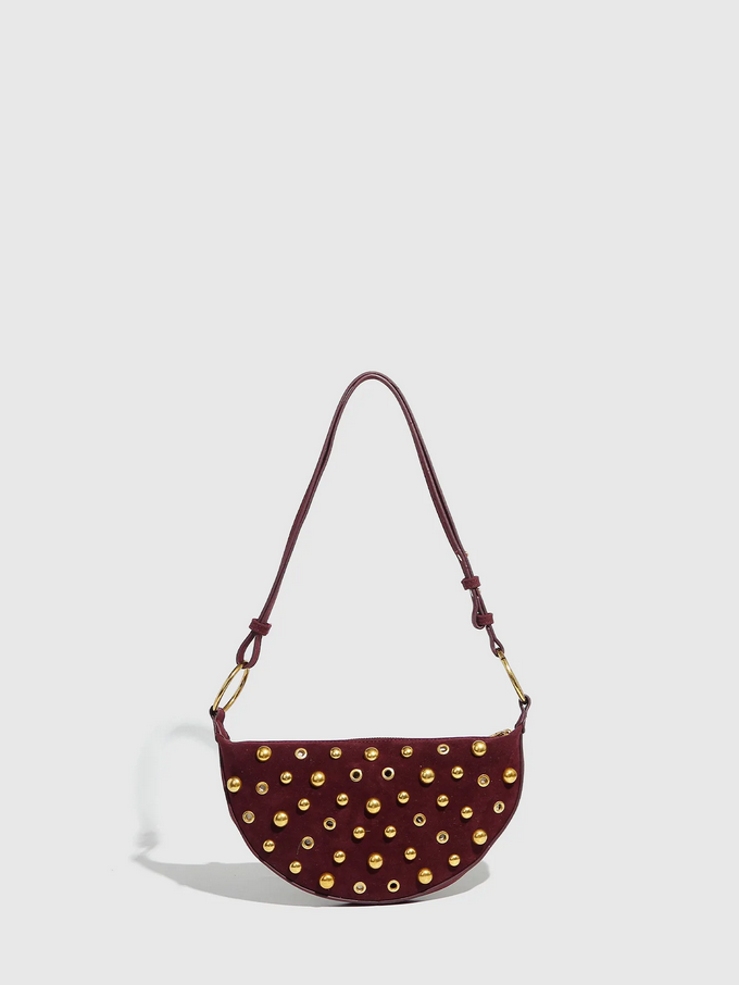 Studded Shoulder Bag - Rivet Crescent Bag with Edgy Hardware Details