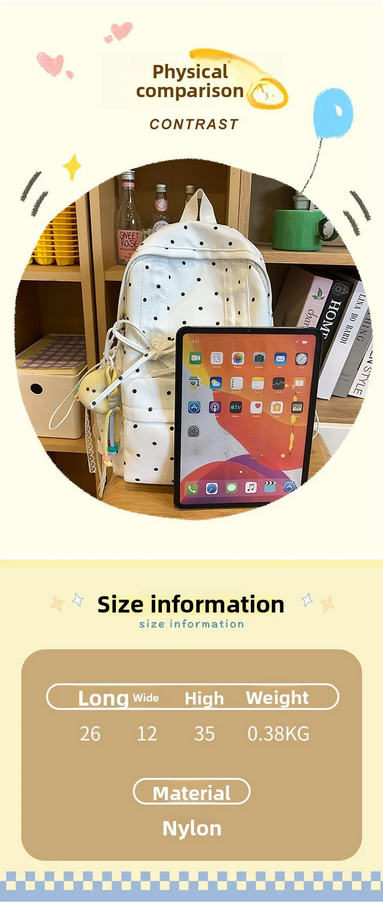 Girly Cute Polka Dot Backpack with Bow Sweet School Bag for Girls