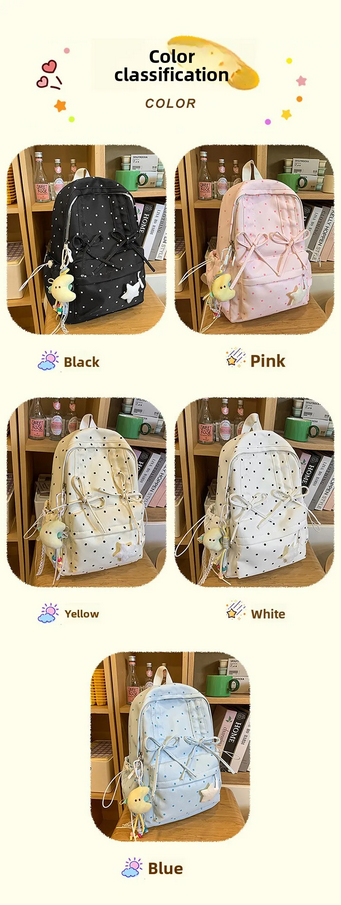 Girly Cute Polka Dot Backpack with Bow Sweet School Bag for Girls
