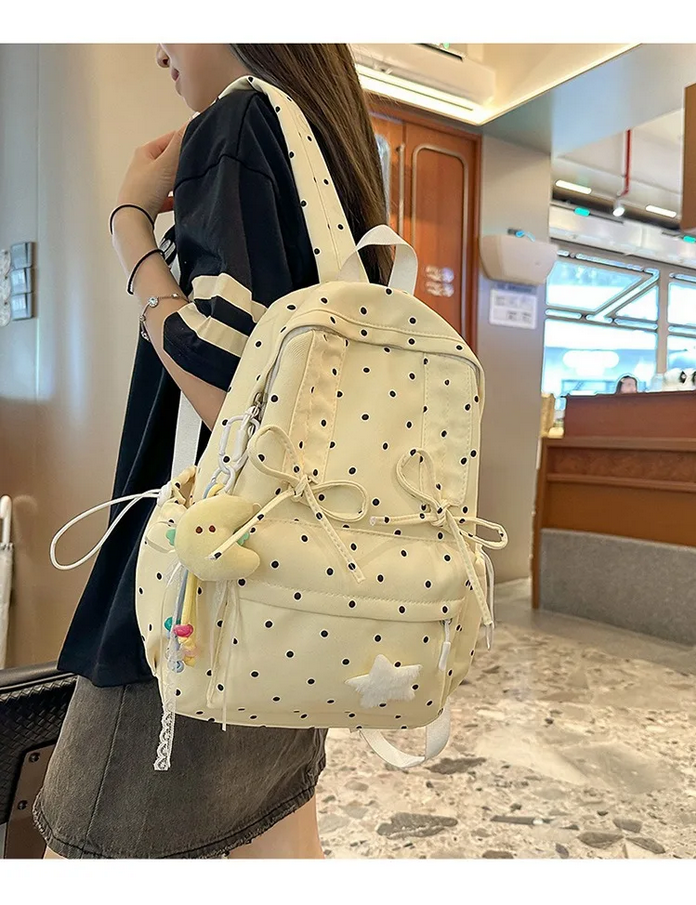 Girly Cute Polka Dot Backpack with Bow Sweet School Bag for Girls