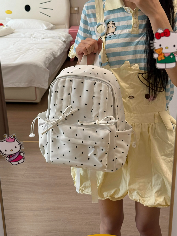 Girly Cute Polka Dot Backpack with Bow Sweet School Bag for Girls