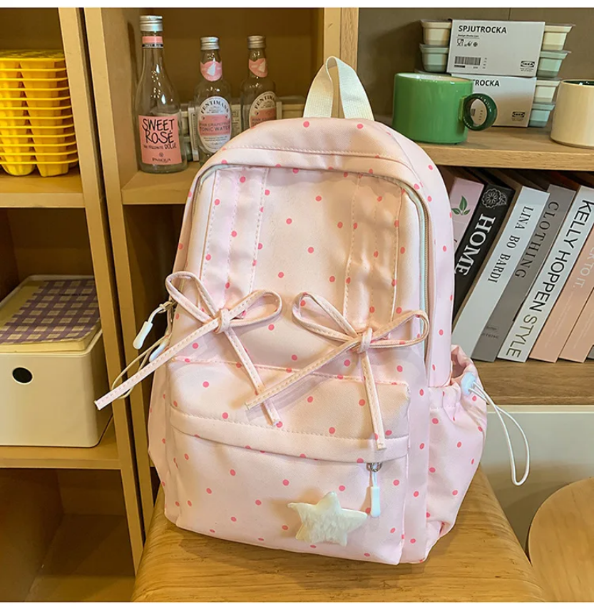 Girly Cute Polka Dot Backpack with Bow Sweet School Bag for Girls