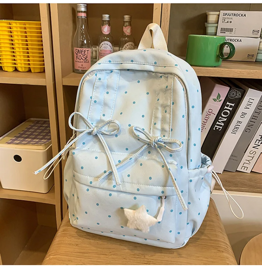 Girly Cute Polka Dot Backpack with Bow Sweet School Bag for Girls