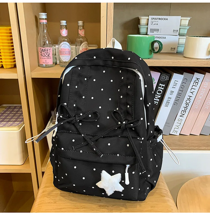 Girly Cute Polka Dot Backpack with Bow Sweet School Bag for Girls