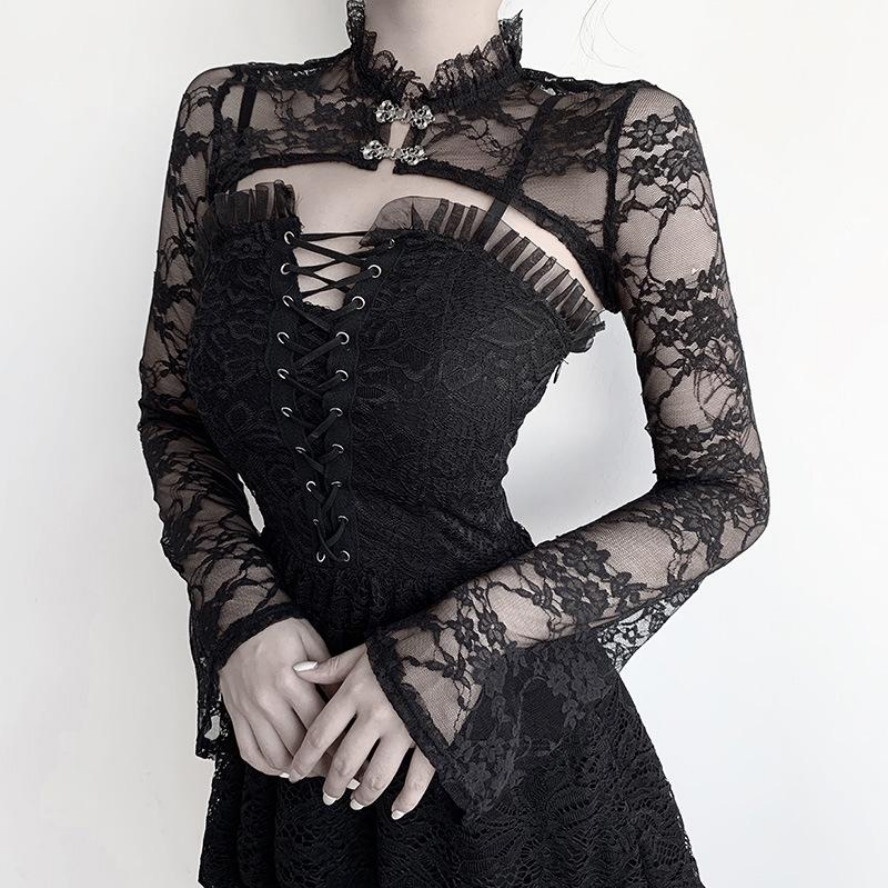 Vintage Dark Gothic Lace Mesh Long Flare Sleeve Grunge Aesthetic Black Top