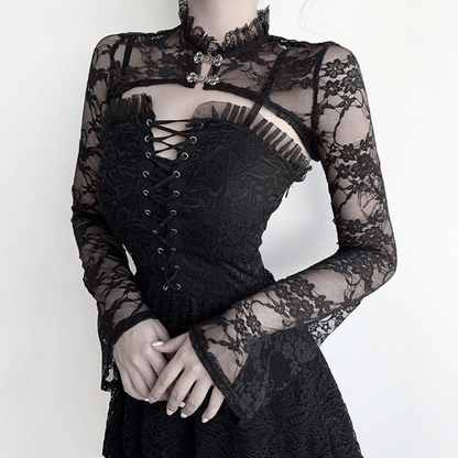 Vintage Dark Gothic Lace Mesh Long Flare Sleeve Grunge Aesthetic Black Top