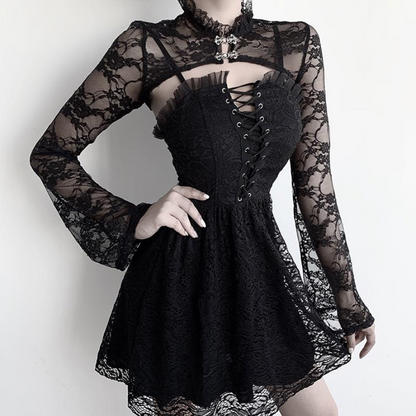 Vintage Dark Gothic Lace Mesh Long Flare Sleeve Grunge Aesthetic Black Top