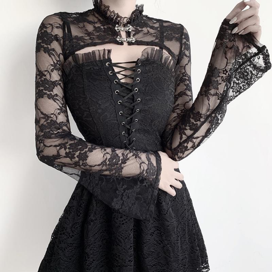 Vintage Dark Gothic Lace Mesh Long Flare Sleeve Grunge Aesthetic Black Top