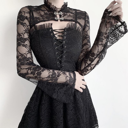 Vintage Dark Gothic Lace Mesh Long Flare Sleeve Grunge Aesthetic Black Top