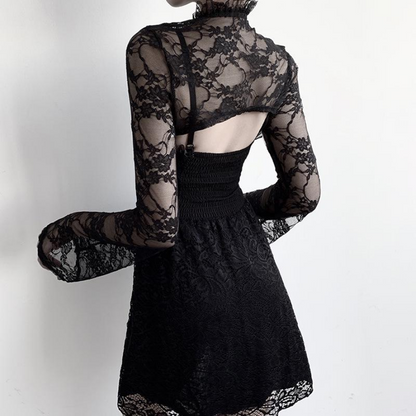 Vintage Dark Gothic Lace Mesh Long Flare Sleeve Grunge Aesthetic Black Top