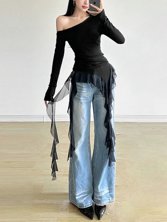 Black Sweet Ruffle Tassel Off Shoulder Top