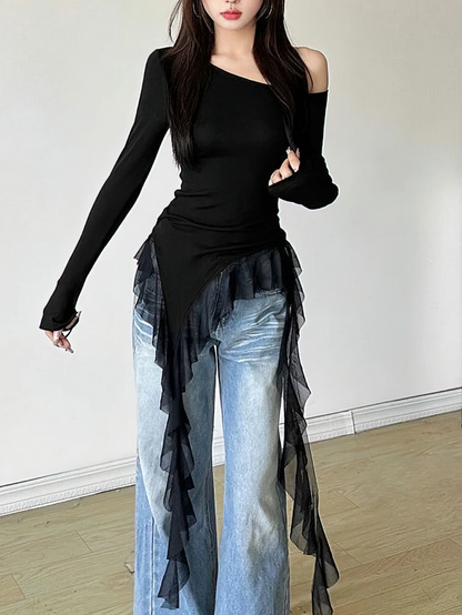 Black Sweet Ruffle Tassel Off Shoulder Top