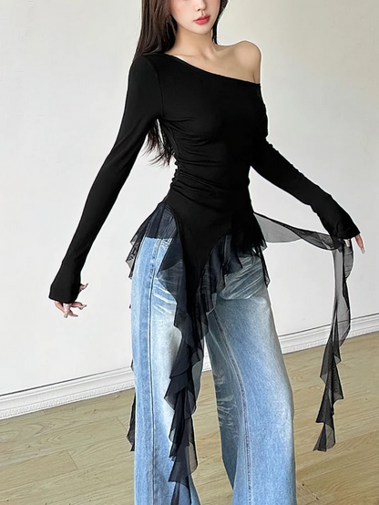Black Sweet Ruffle Tassel Off Shoulder Top