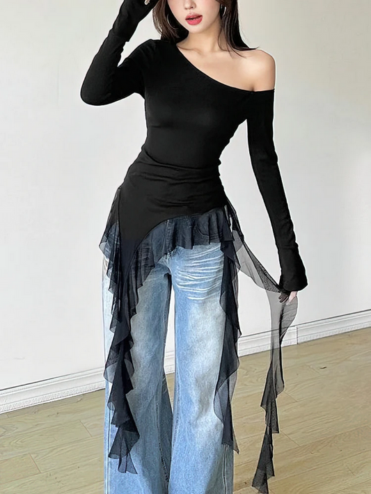 Black Sweet Ruffle Tassel Off Shoulder Top