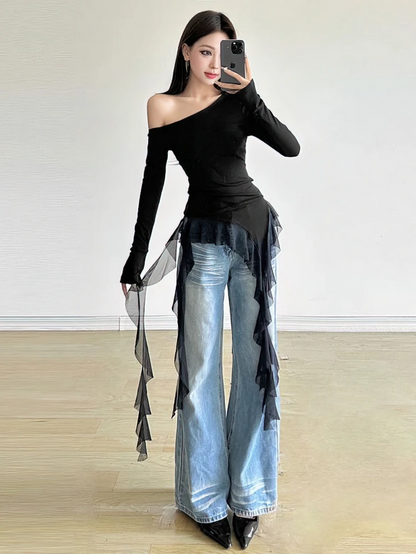 Black Sweet Ruffle Tassel Off Shoulder Top