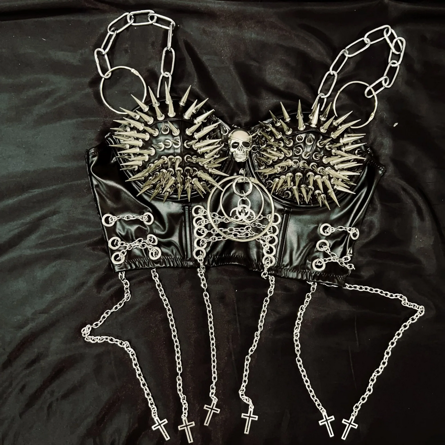 Studded Skull and Chains Vintage Y2K Gothic PU Leather Crop Top