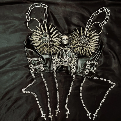 Studded Skull and Chains Vintage Y2K Gothic PU Leather Crop Top