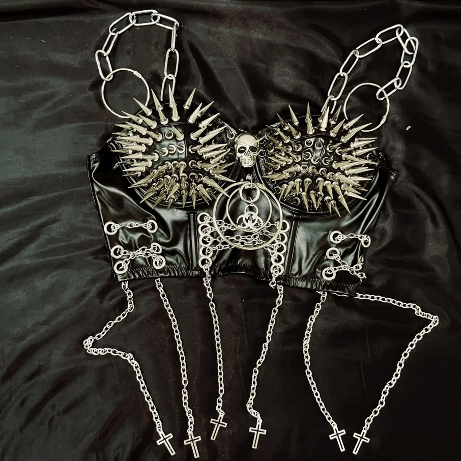 Studded Skull and Chains Vintage Y2K Gothic PU Leather Crop Top