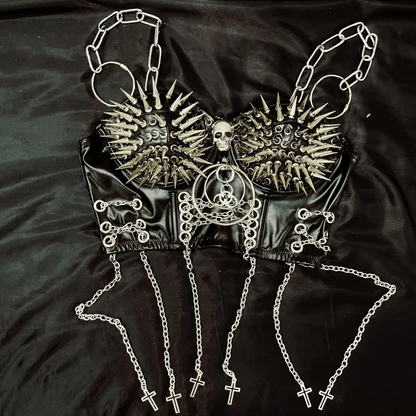 Studded Skull and Chains Vintage Y2K Gothic PU Leather Crop Top