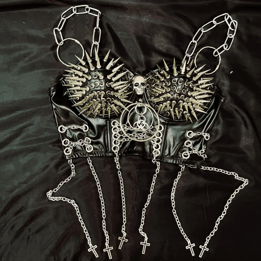 Studded Skull and Chains Vintage Y2K Gothic PU Leather Crop Top