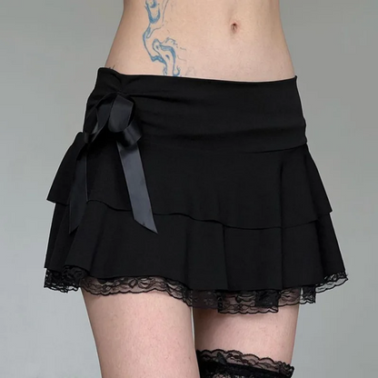 Goth Y2K Black Lace Trim Bow A Line Mini Skirt