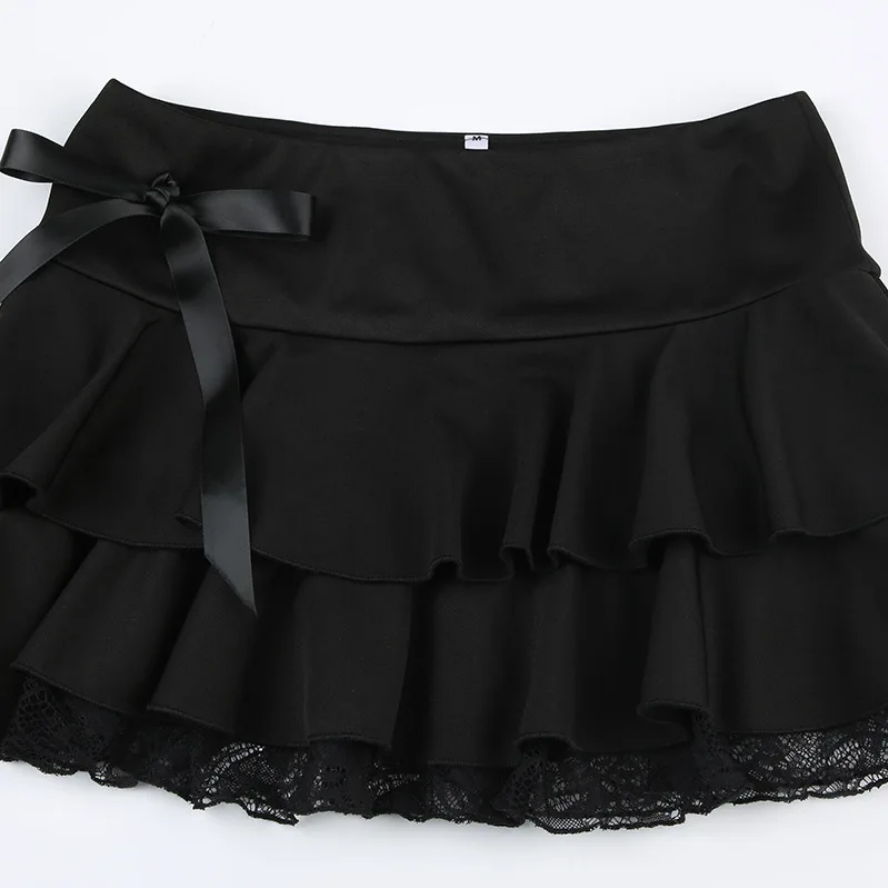 Goth Y2K Black Lace Trim Bow A Line Mini Skirt