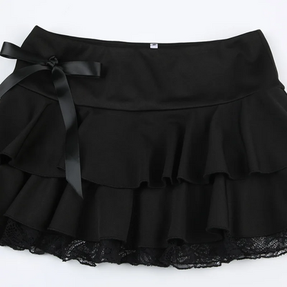 Goth Y2K Black Lace Trim Bow A Line Mini Skirt