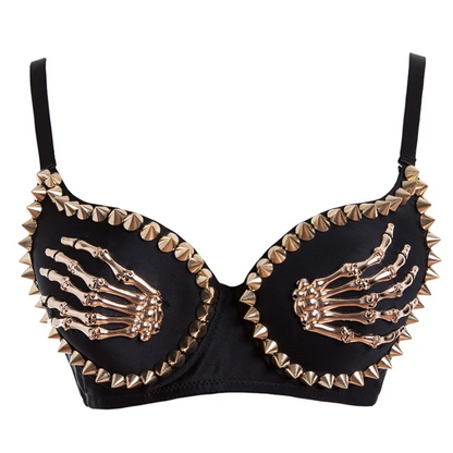 Skeleton Hand Gold Rivet Black Push Up Bra