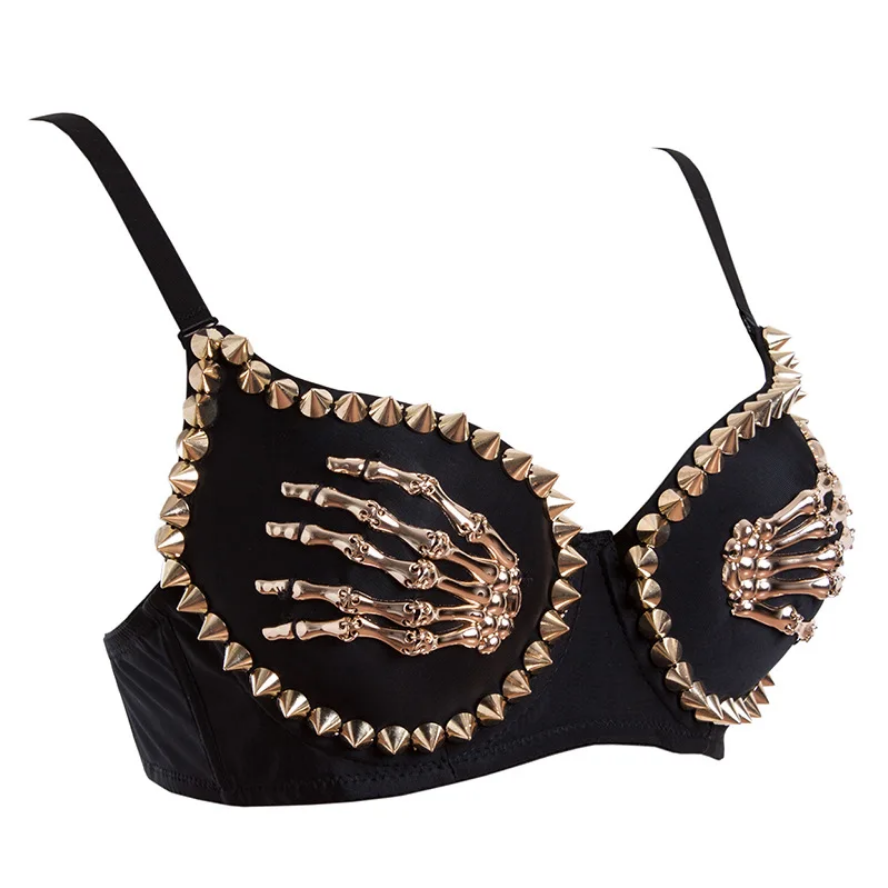 Skeleton Hand Gold Rivet Black Push Up Bra